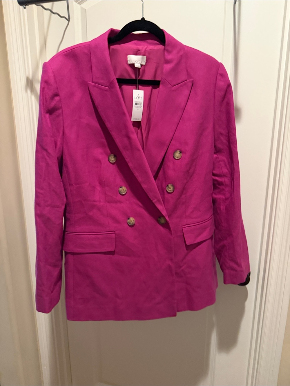 LOFT Fuchsia Double-Breasted Blazer cotton linen blended